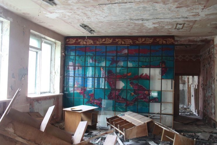 What looks like the broken remains of a classroom