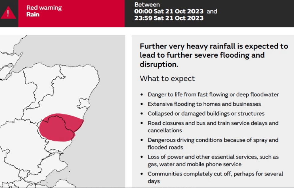 A red weather warning has been extended in Scotland until 11.59pm on Saturday