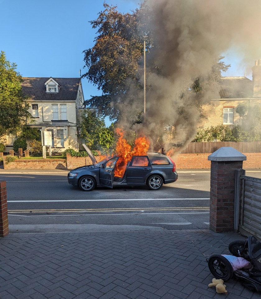 A car caught fire with a young family inside and was engulfed by flames in seconds