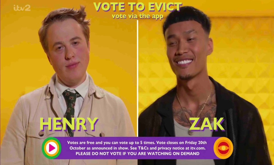 Henry and Zak face being evicted from the TV house tonight