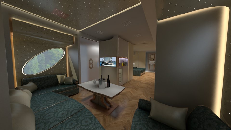 In the lounge area, you can find luxury sofas, a cocktail bar, drinks fridge, wine cabinet and coffee machine