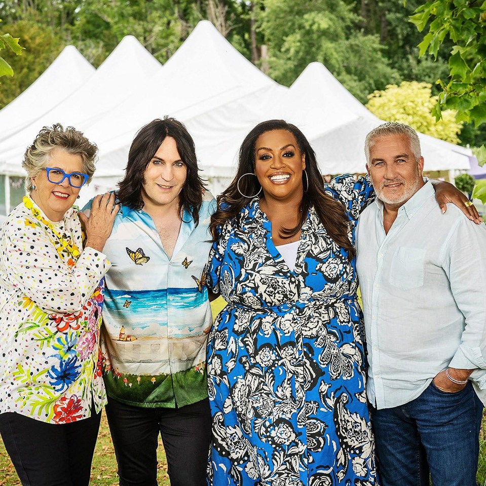 Noel Fielding joined the Great British Bake Off in 2017 and now hosts alongside Alison Hammond with judges Prue Leith, left, and Paul Hollywood, right