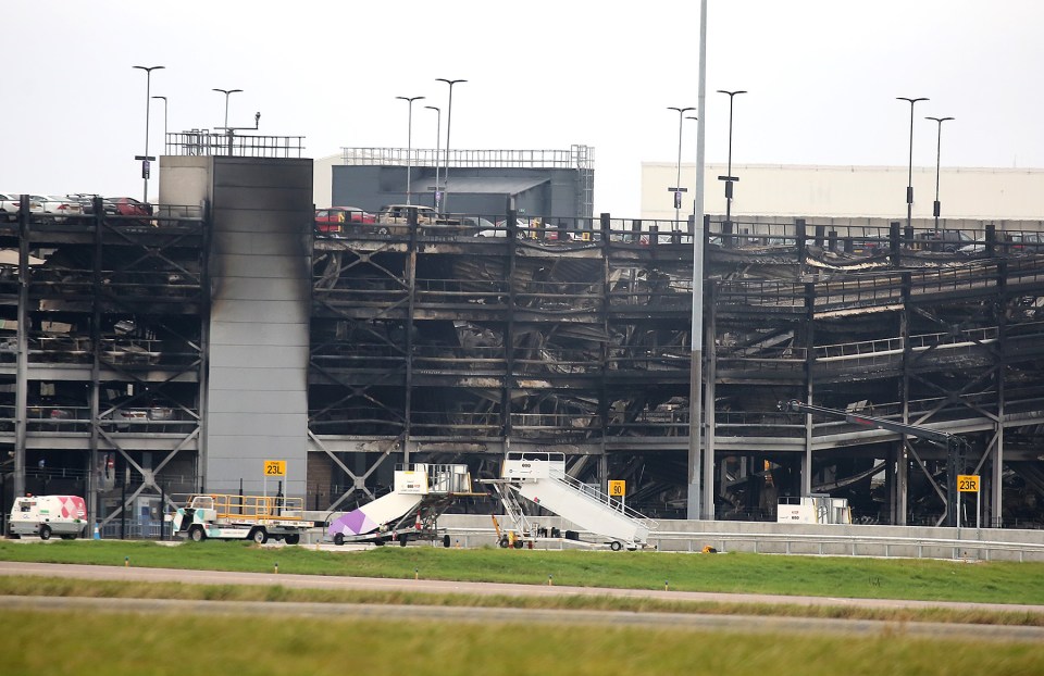 A charred section of the parking structure this morning