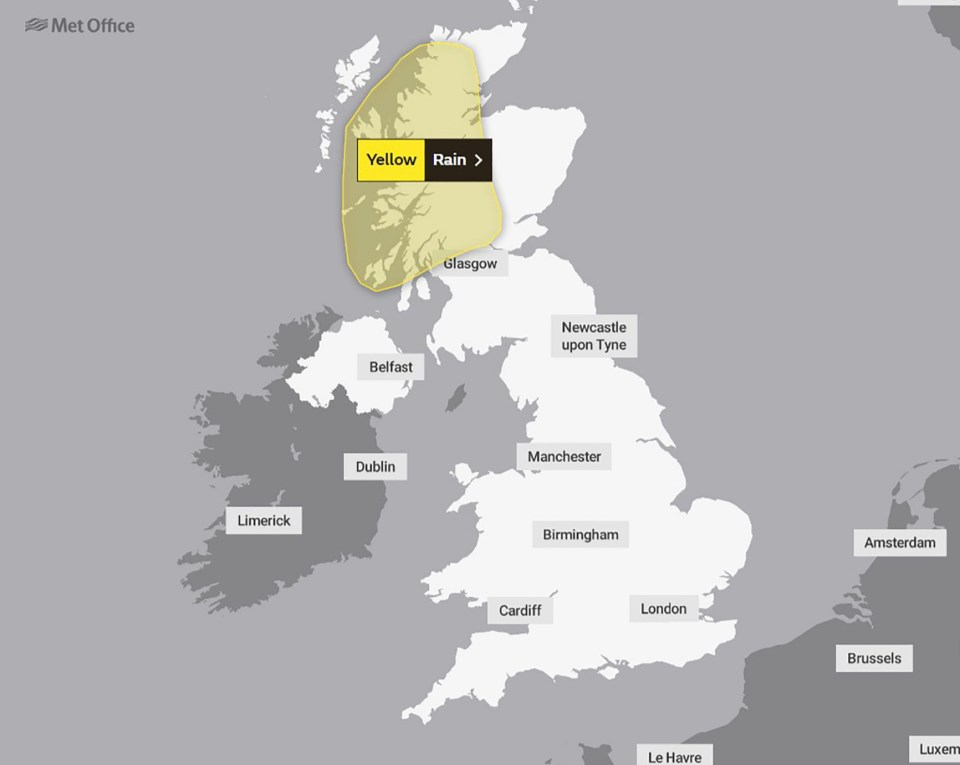 A yellow warning for rain has been issued for areas of Scotland