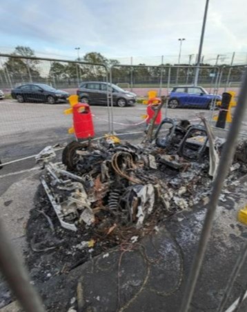 The EV was left gutted after the fire was ignited - leaving firefighters battling it for nearly two hours