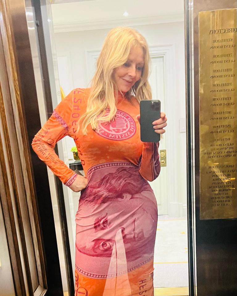 Carol Vorderman slipped into a skintight orange and red dress