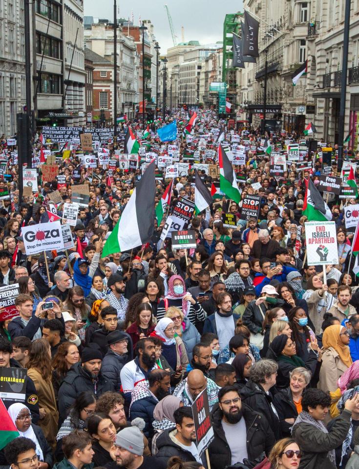 More than 100,000 people joined a pro-Palestine march in London yesterday