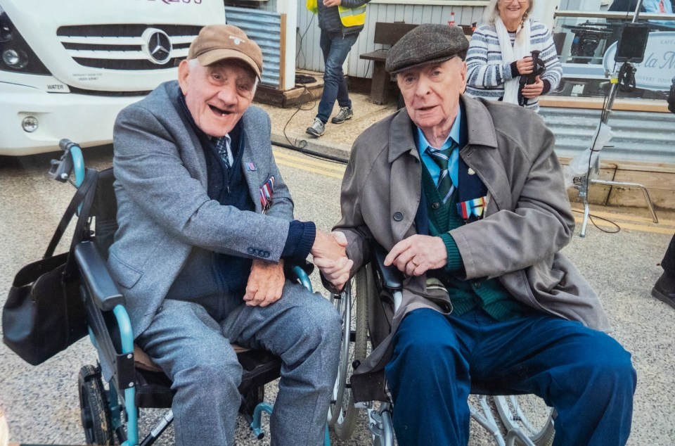 Joe, 98, was snapped on the Great Escaper set with Sir Michael Caine