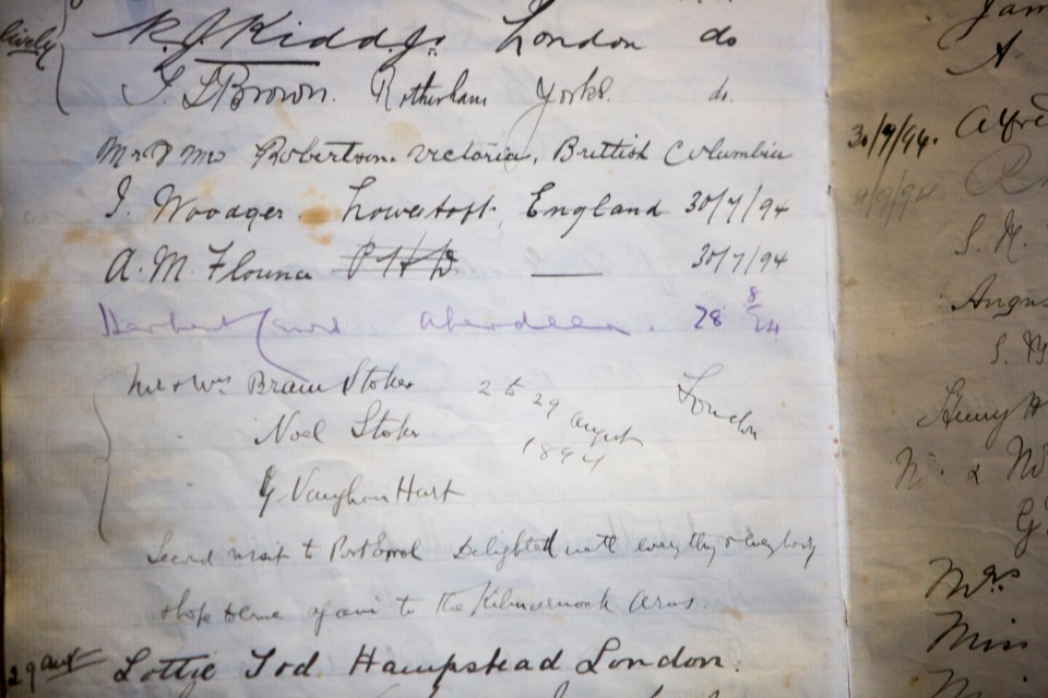 Bram Stoker's signature in the guestbook at the Kilmarnock Arms Hotel