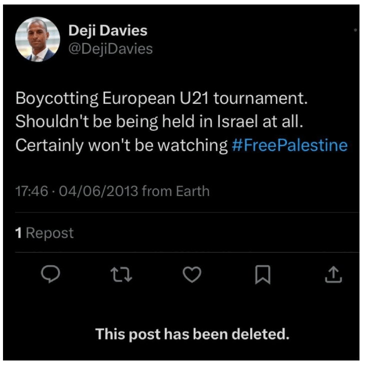 Does Deji Davies' now-deleted tweet explain why Wembley refused to light its iconic arch in the colours of Israel - as it has been after other such terror attacks and conflicts