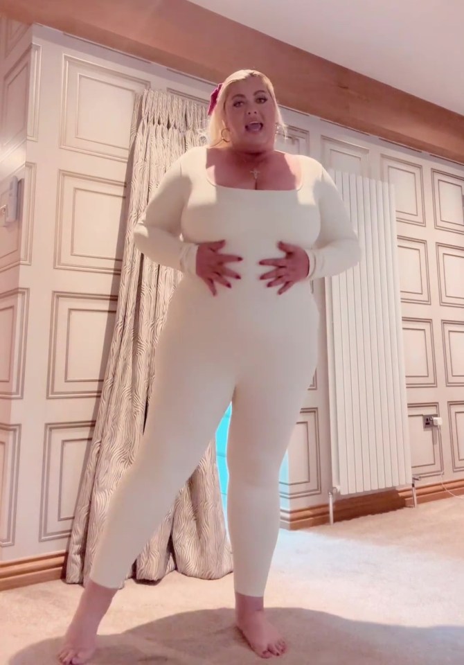 The former Towie star flaunted her curves in a cream jumpsuit