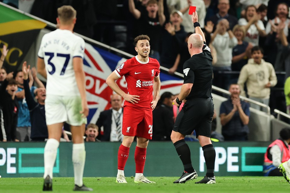 Diogo Jota was sent off as Liverpool went down to nine men against Tottenham