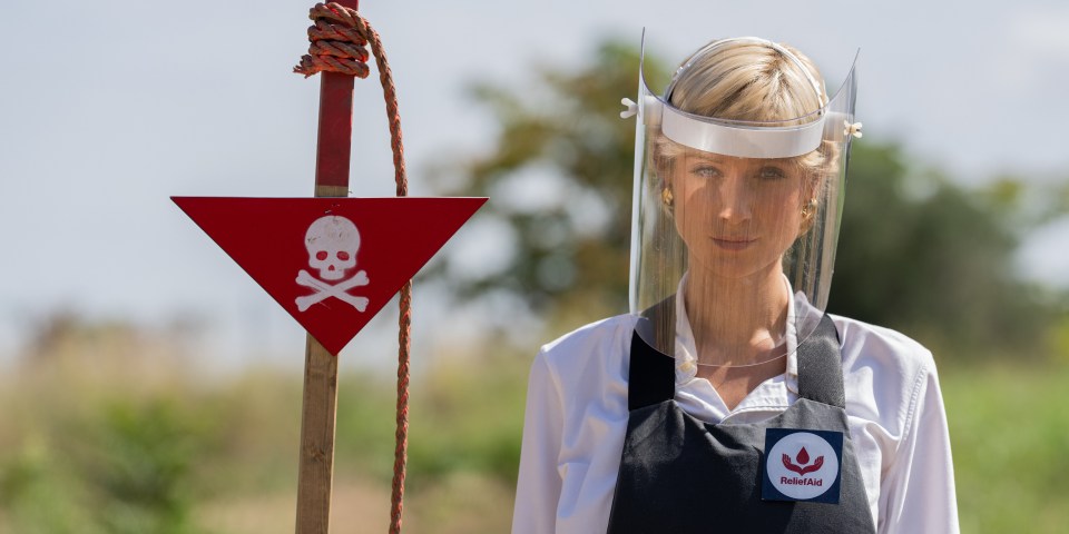 Elizabeth Debicki is seen in protective gear as she recreates the Princess of Wales’ January 1997 visit to Angola