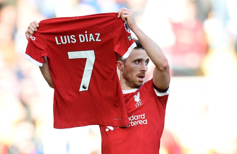 Portuguese forward Diogo Jota held up Diaz's shirt after scoring the opening goal in Liverpool's 3-0 victory over Nottingham Forest on Sunday