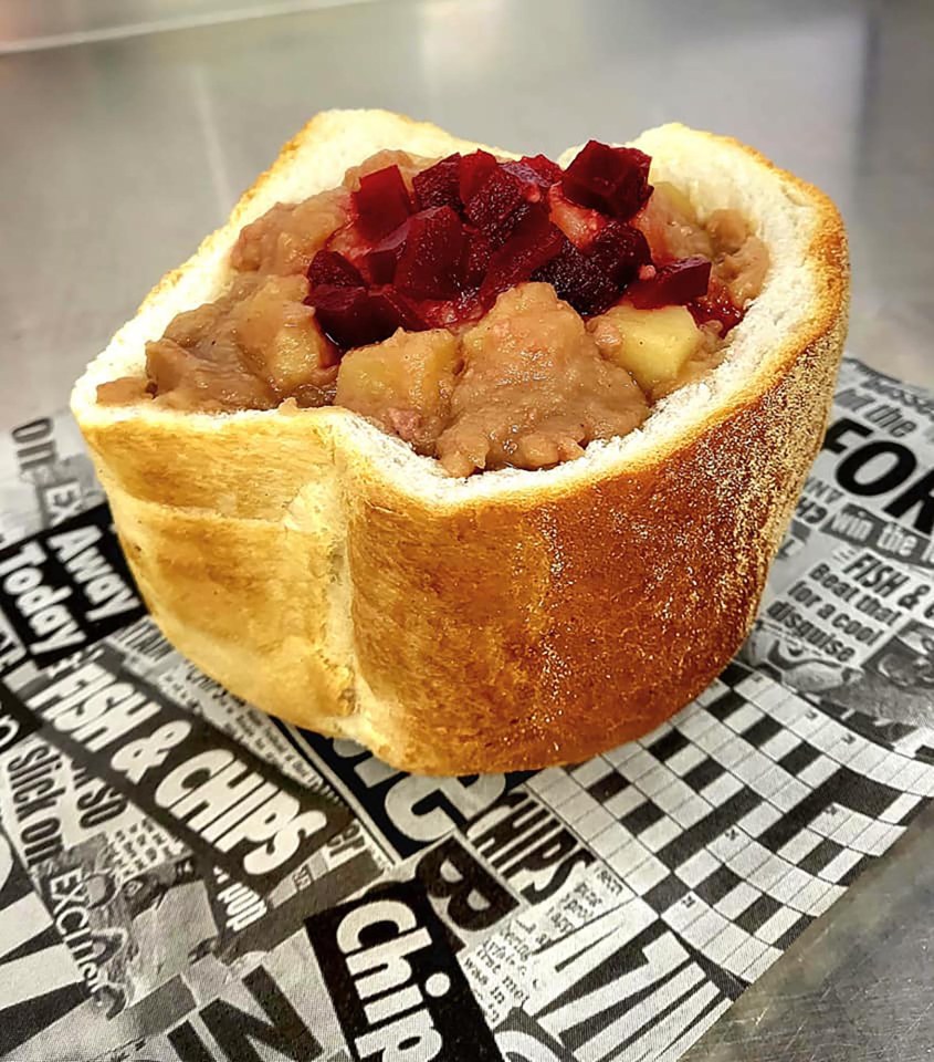 Another offering is meat stew and beetroot served inside the hollowed out loaves