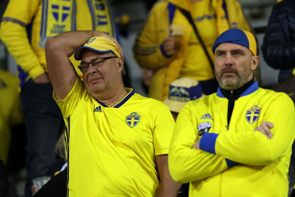 Fans of Sweden pictured at half time as the the  Euro 2024 qualifier match between Belgium and Sweden was abandoned