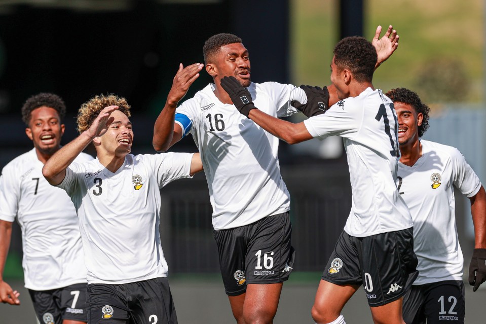 Fiji's Etonia Dogalau scores and celebrates his goal. OFC Men's Olympic Qualifier 2023, Papua New Guinea v Fiji, Go Media Stadium, Auckland, Saturday 2nd September 2023. Photo: Shane Wenzlick / www.phototek.nz