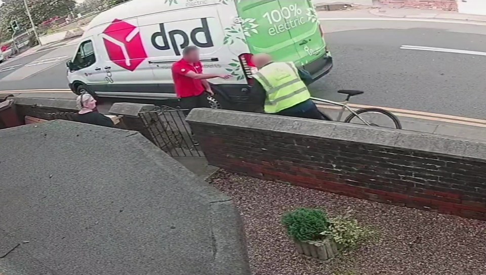 The cyclist shouts at the driver that he should not be parked up on the pavement