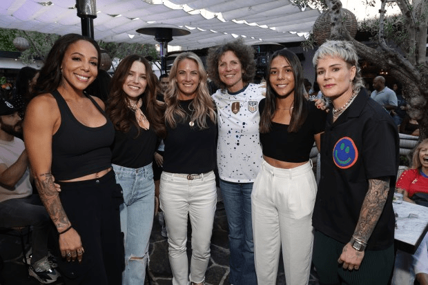 Sophia (second left) and new girlfriend Ashlyn Harris (far right) attended a Fifa Peacock watch party in July 2023