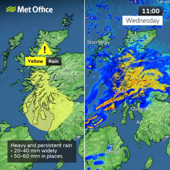 The Met Office has warned of up to 60mm of rain in places tomorrow