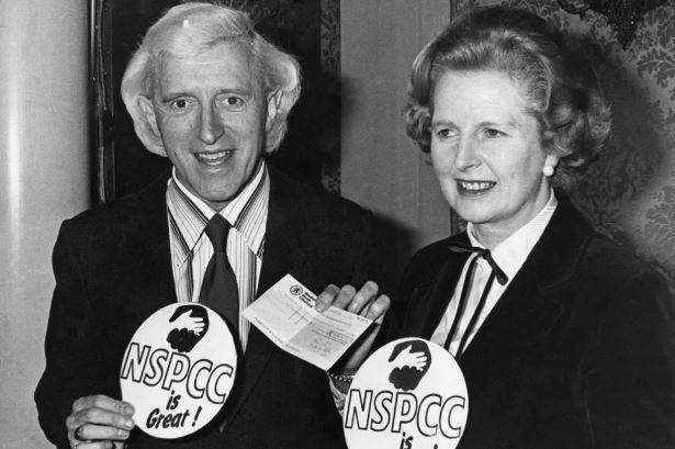 Jimmy Savile and Margaret Thatcher at an NSPCC (National Society for the Prevention of Cruelty to Children) fundraising presentation in 1980