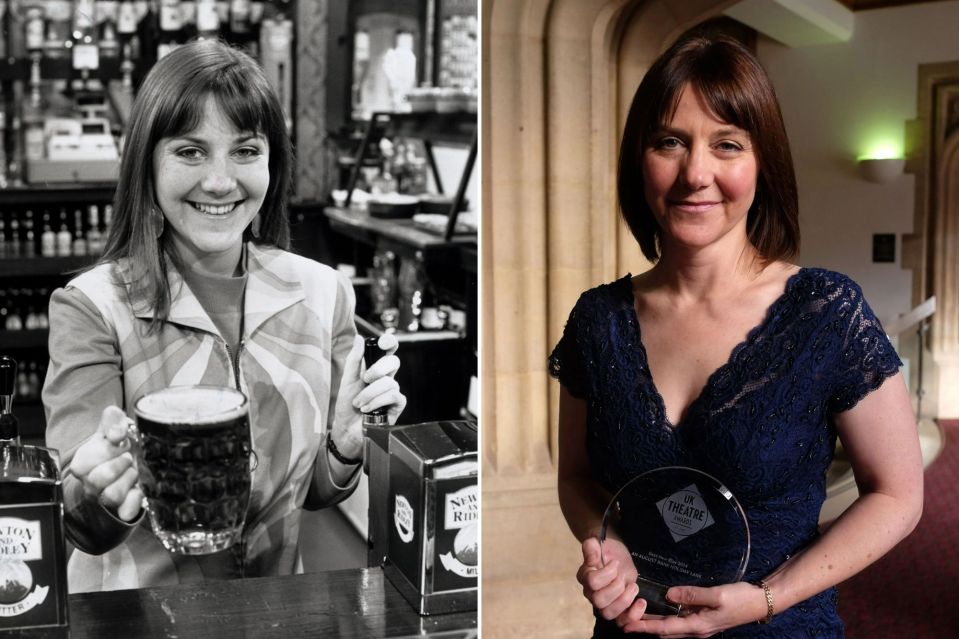 Deborah McAndrew as Angie Freeman on Corrie, and right with her award for Best New Play at The UK Theatre Awards