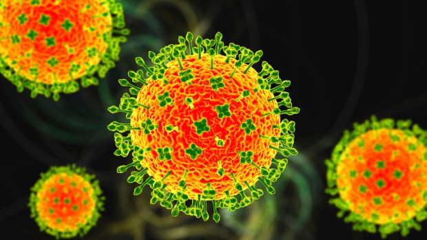 a computer generated image of a virus with green spots on it