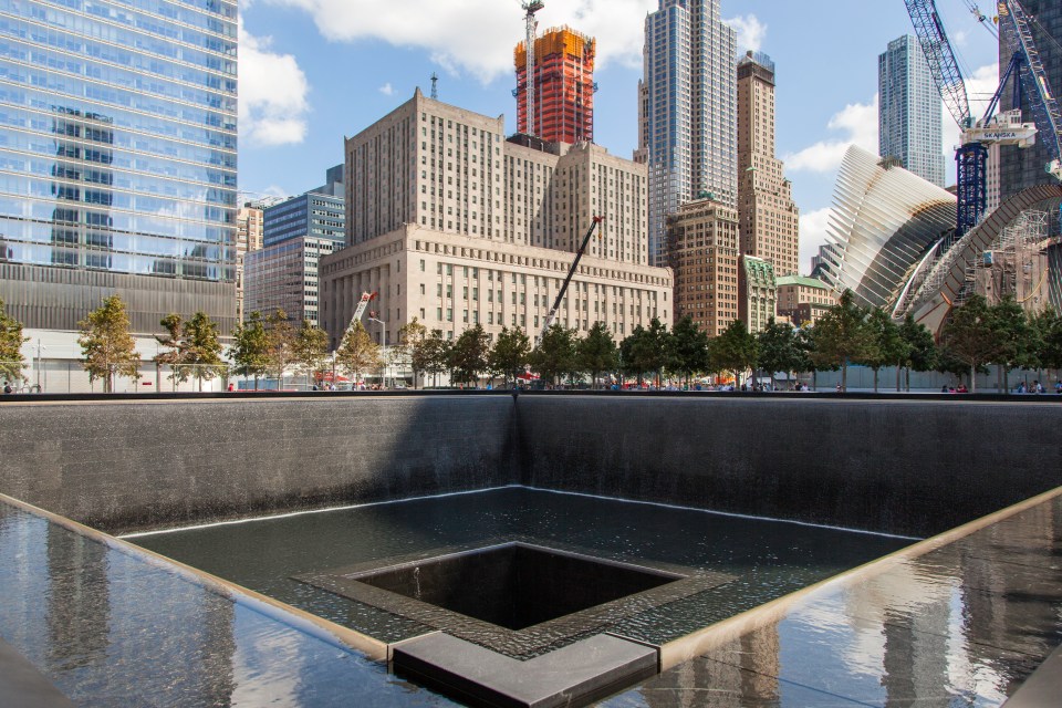 The 9/11 reflection pool memorials in place of where the Twin Towers once were before they were felled in 2001