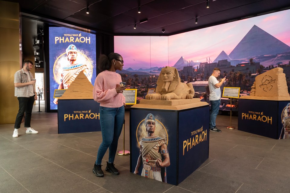 An exhibition celebrating the launch of video game Total War: Pharoah showcases a range of Ancient Egyptian sand sculptures.