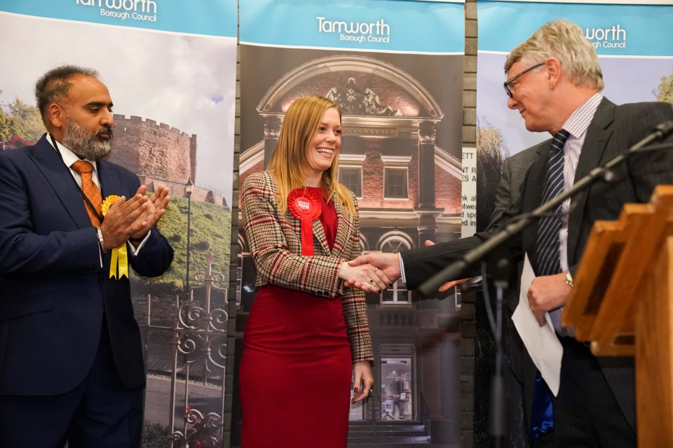 In Tamworth Sarah Edwards is declared the constituency's new MP. The seat was vacated following the resignation of disgraced Chris Pincher