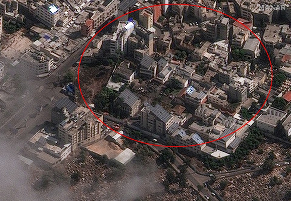 A close-up satellite picture of the blast site which appears to show minimal damage to the hospital buildings