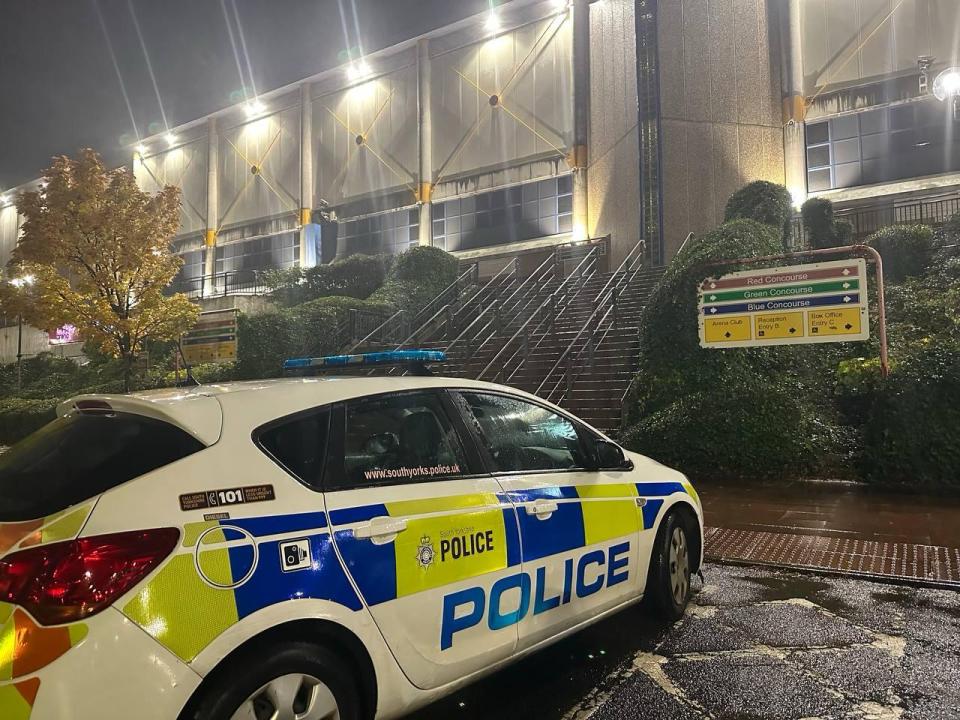 A police car outside the arena in Sheffield