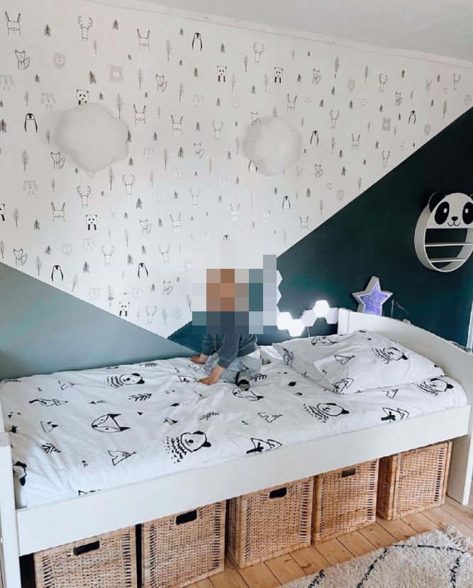 Meanwhile the penguin and panda-themed bedroom is apt for her animal-loving son