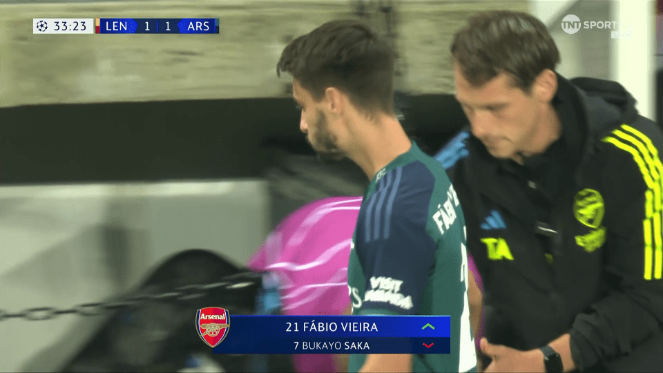 Fabio Vieira replaced Bukayo Saka in the 33rd minute