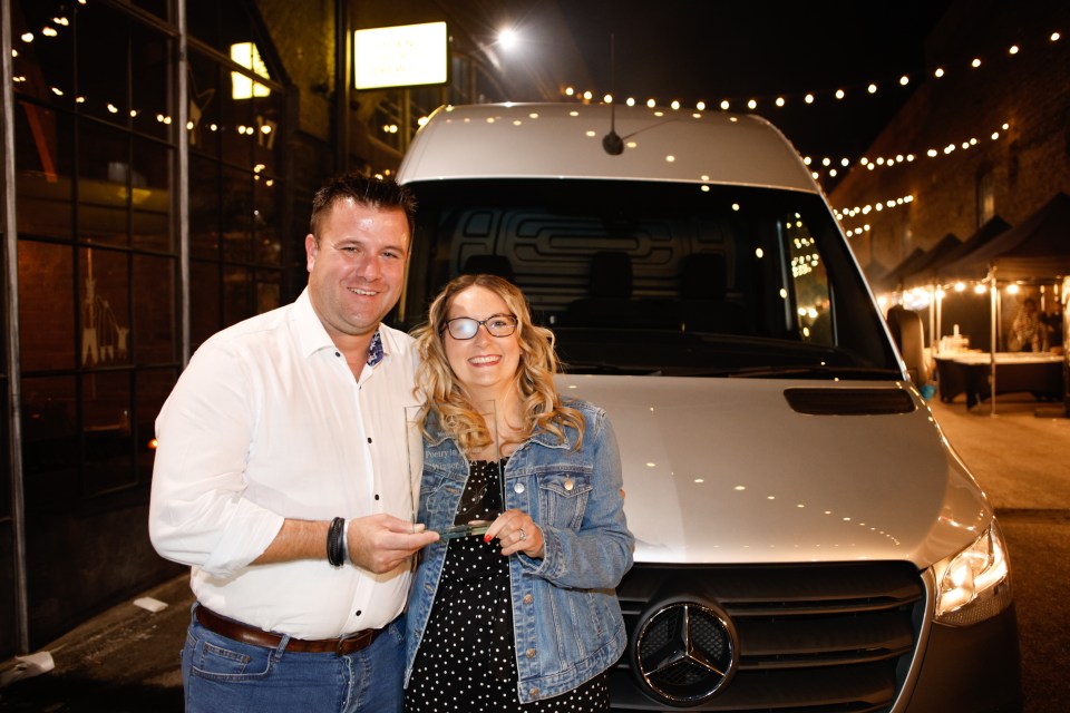 Russell Eatly, 42, won a Mercedes van after his wife Nikki, 42, wrote a poem about her husband's battered work motor