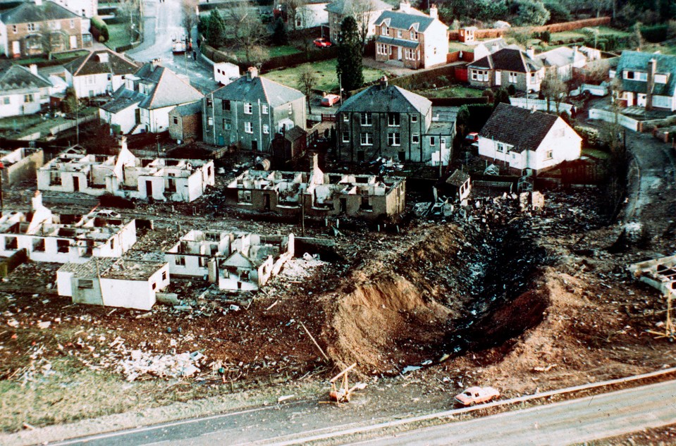 Part of the aircraft landed in Sherwood Crescent in the Scottish town, destroying three homes and creating a large impact crater