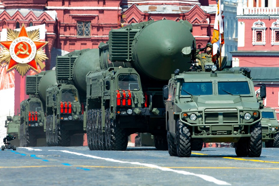 Yars ballistic missiles roll through Red Square during a Victory Day parade in Moscow