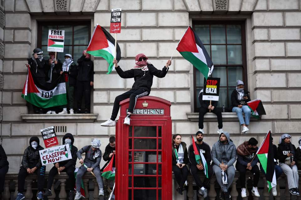 A protester waves Palestinian flags on Whitehall during the ‘March For Palestine’ in London on October 28