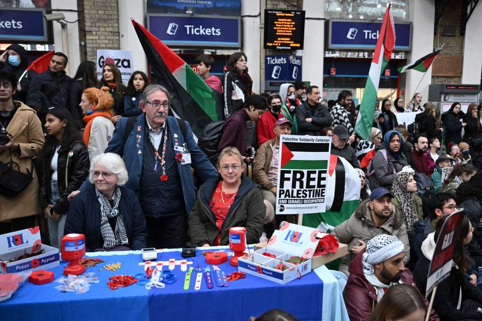 Fundraisers selling poppies find themselves surrounded by protesters inside Charing Cross station