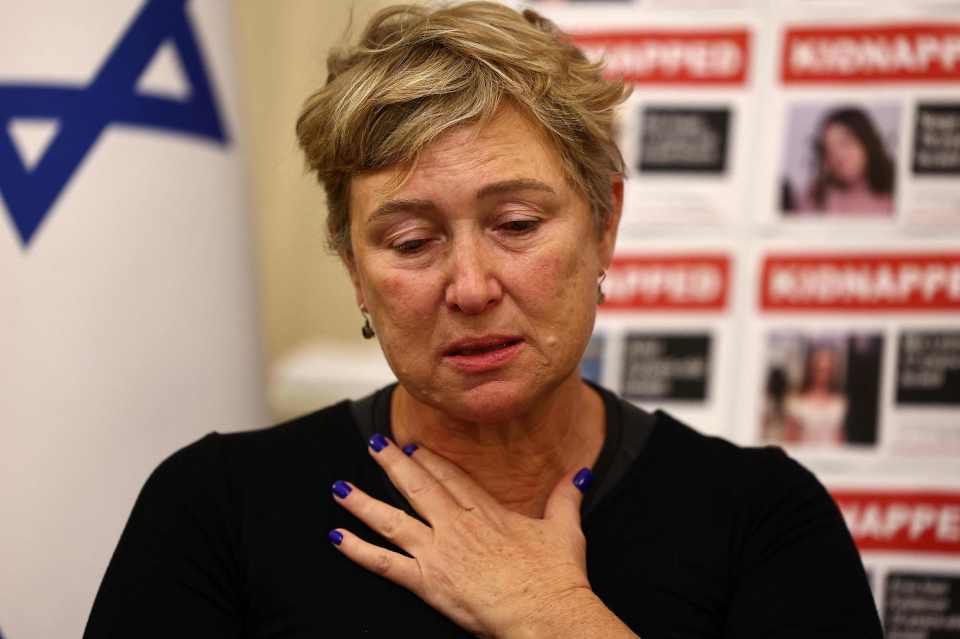 Iris Haim, the mother of Yotam Haim, seen at a press conference by families of hostages at the embassy of Israel in London