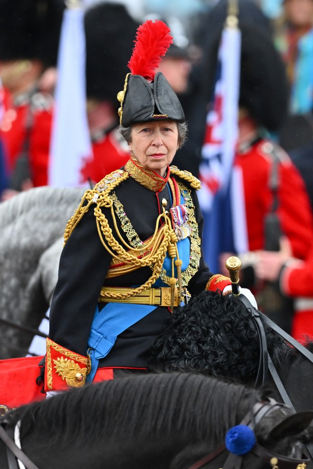 Princess Anne rode on horseback behind the gold state coach carrying the newly crowned King and Queen Consort in May