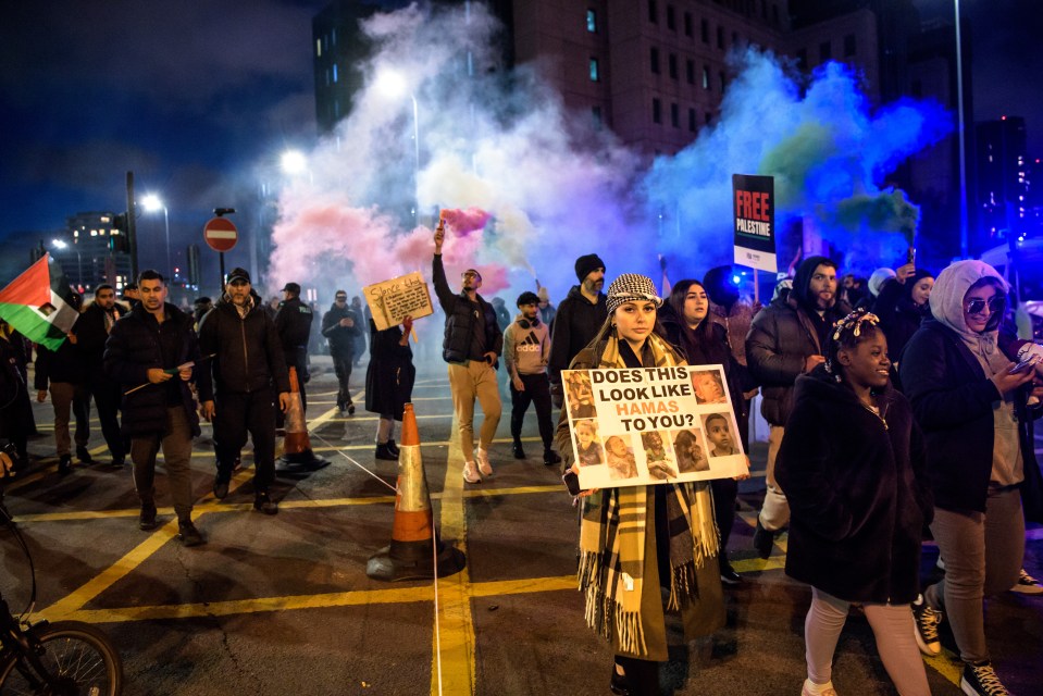 Meanwhile, pro-Palestine protesters have been setting off flares and fireworks in Vauxhall, South London