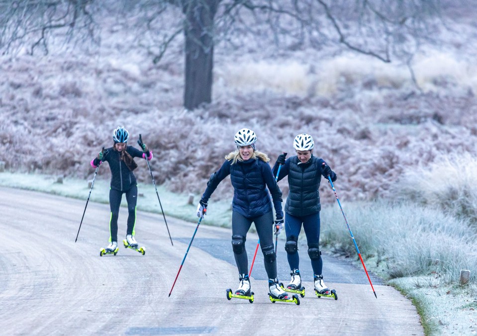 The West London Nordic Ski Team practice roller skiing in a frosty Richmond Park, south west London