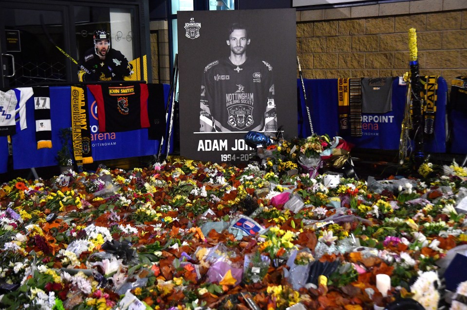 Floral tributes piled up outside the Panthers' Motorpoint Arena in Nottingham