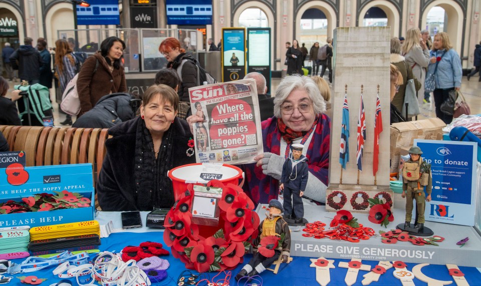 At London’s Paddington, Tracy Cooper, 65, right, showed our ‘Where have all the poppies gone?’ front page yesterday — and vowed to defy protesters