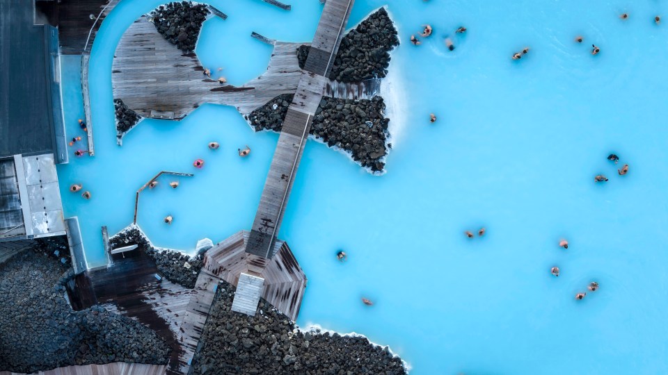 Aerial view of tourists bathing in the Blue Lagoon, which was evacuated on May 29, 2024