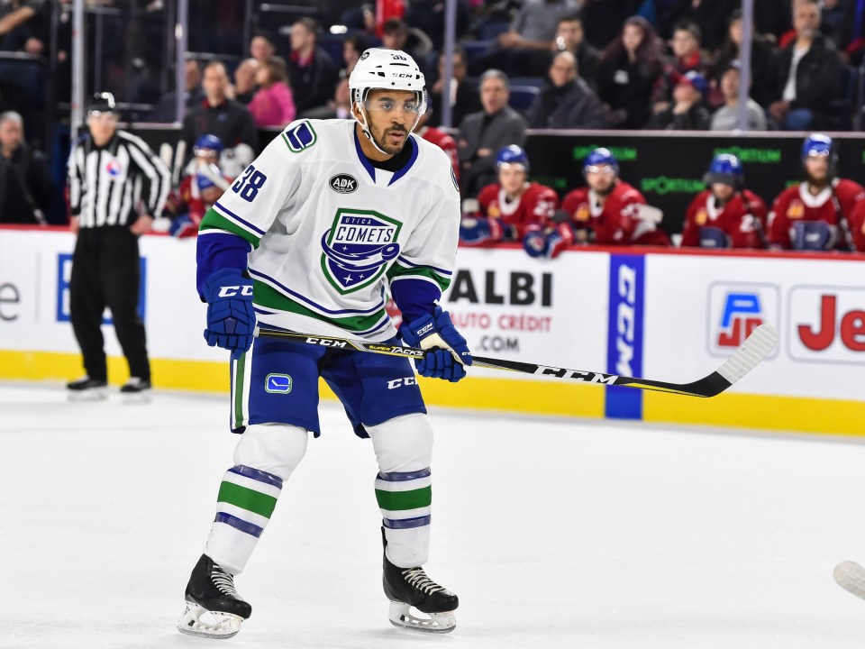 Petgrave in action for the Utica Comets skates against the Laval Rocket in March 2019