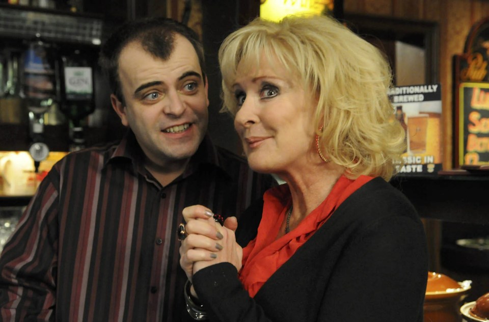 Beverley Callard as Liz McDonald in Coronation Street, alongside her on-screen son Steve played by Simon Gregson