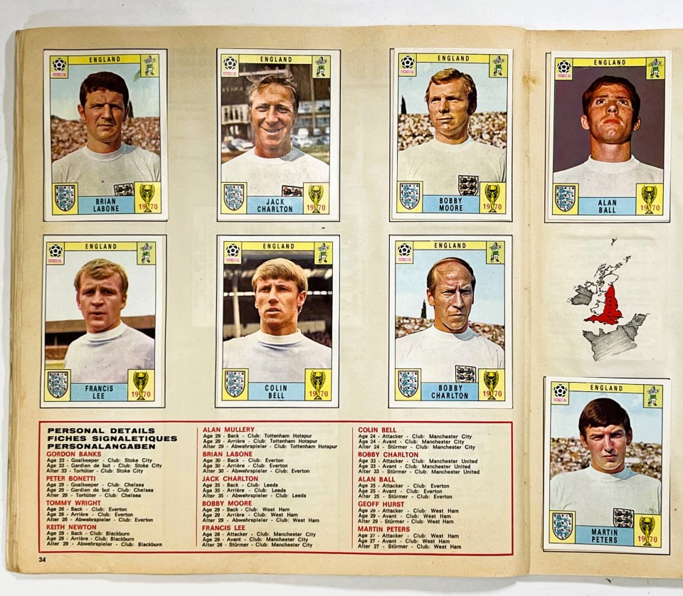 The Three Lions page from the rare Panini sticker album - including legends such as Bobby and Jack Charlton and Bobby Moore