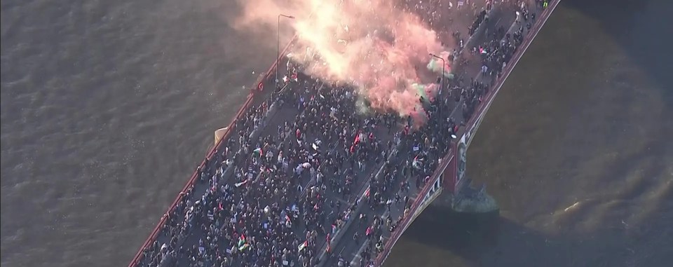 Pro-Palestine protesters let off flares on Vauxhall Bridge